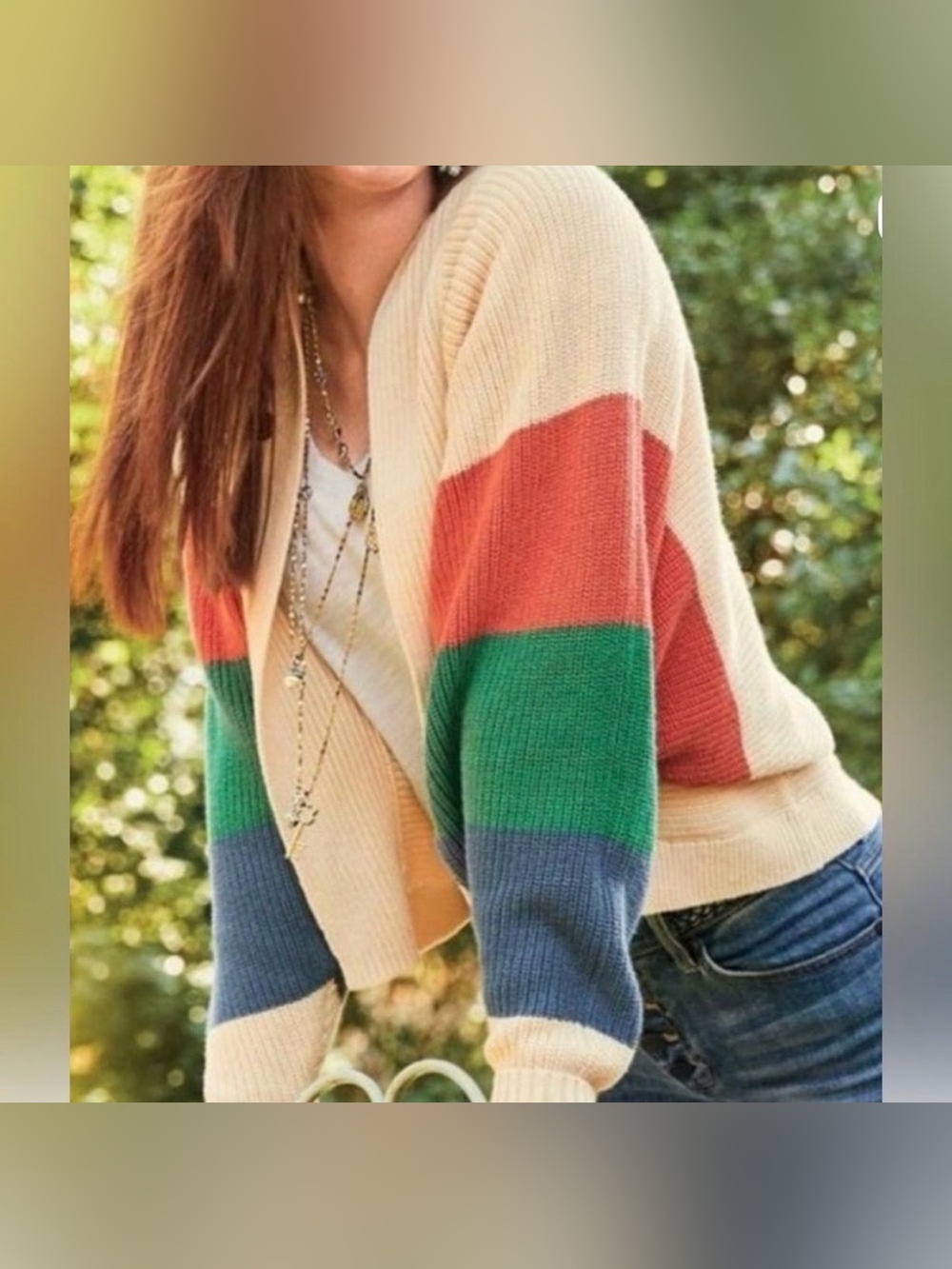 CAbi Cream Open Cardigan with Coral, Green & Blue Stripes